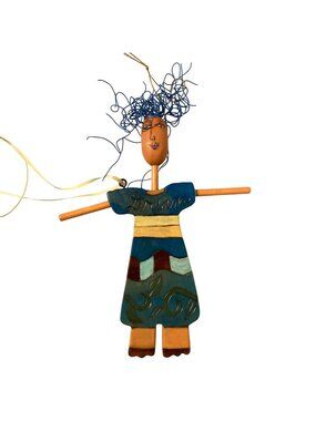 Hand Painted Wooden Doll Ornament With Dream Design And Blue Wire Hair